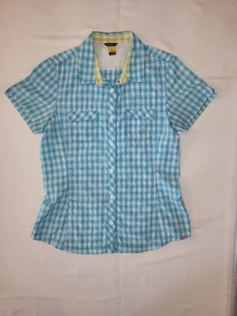 Eddie Bauer Women's Medium Blue Plaid Short Sleeve Button Up Shirt